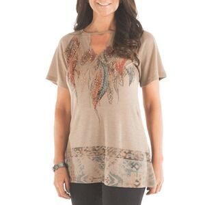 Liberty Wear Women's Tunic Blouse Rhinestone Brown Aztec Short Sleeve 2X-L  Boho